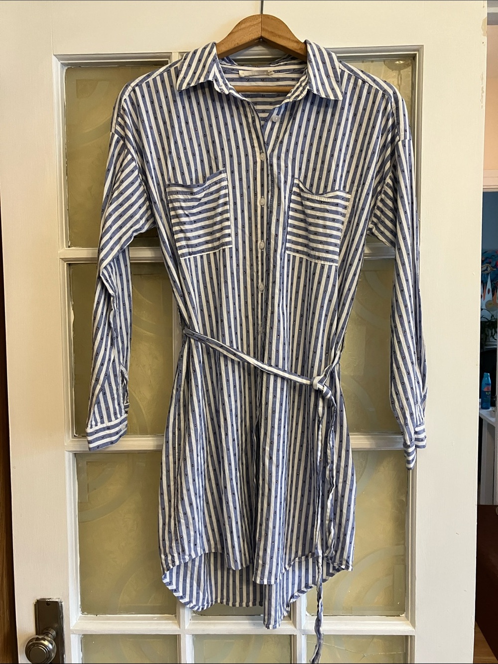 Striped Blue & White Sparkly Midi Shirt Dress/Tunic  Waist Tie Made in France 🇫🇷